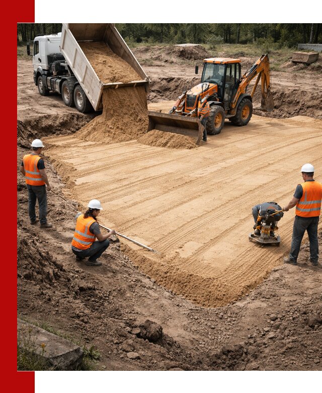 Устройство песчаной подушки для фундаментов и дорог в Сосновом Бору